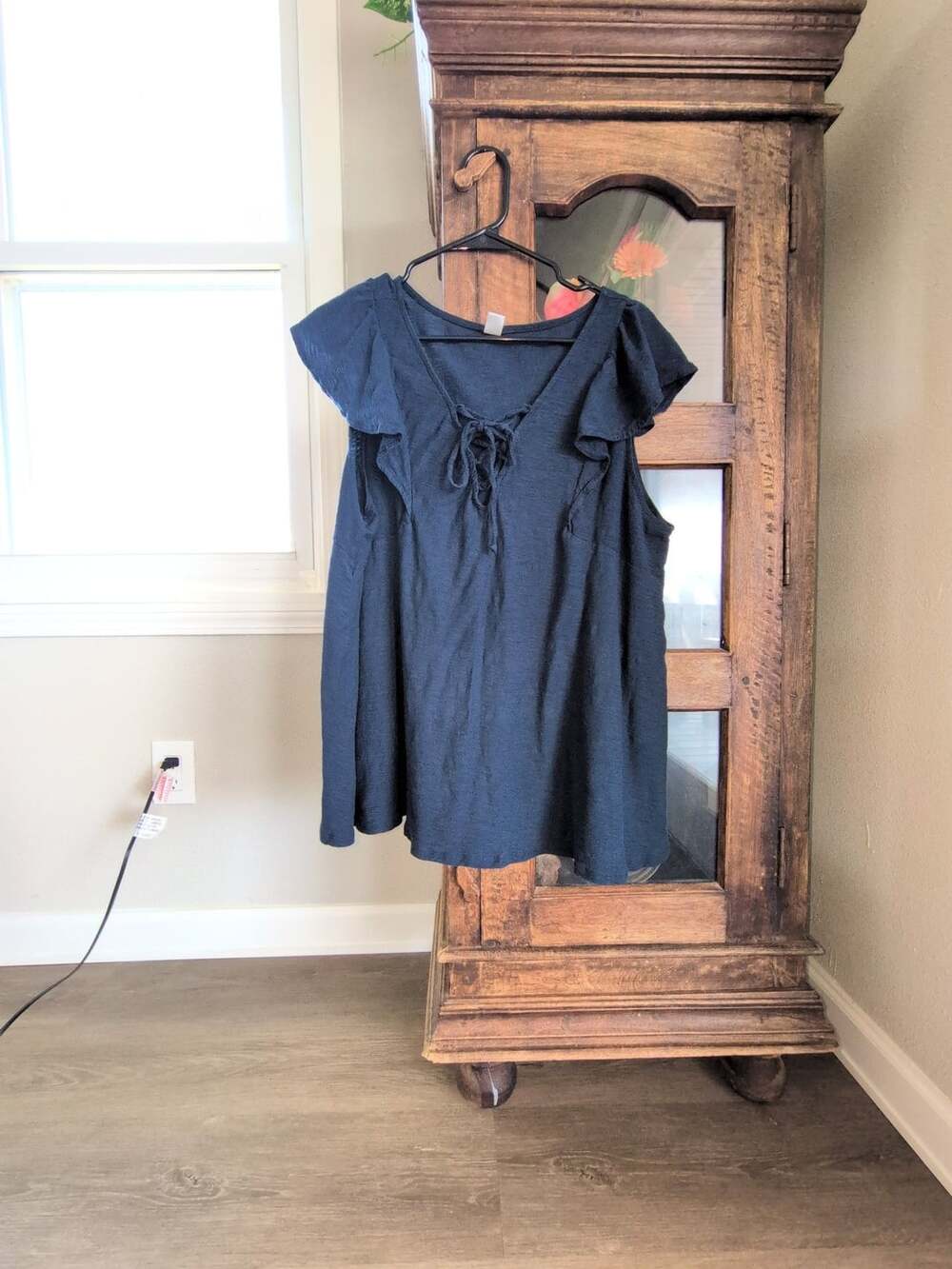 Navy Tie Front Ruffle Cap Sleeve Blouse
